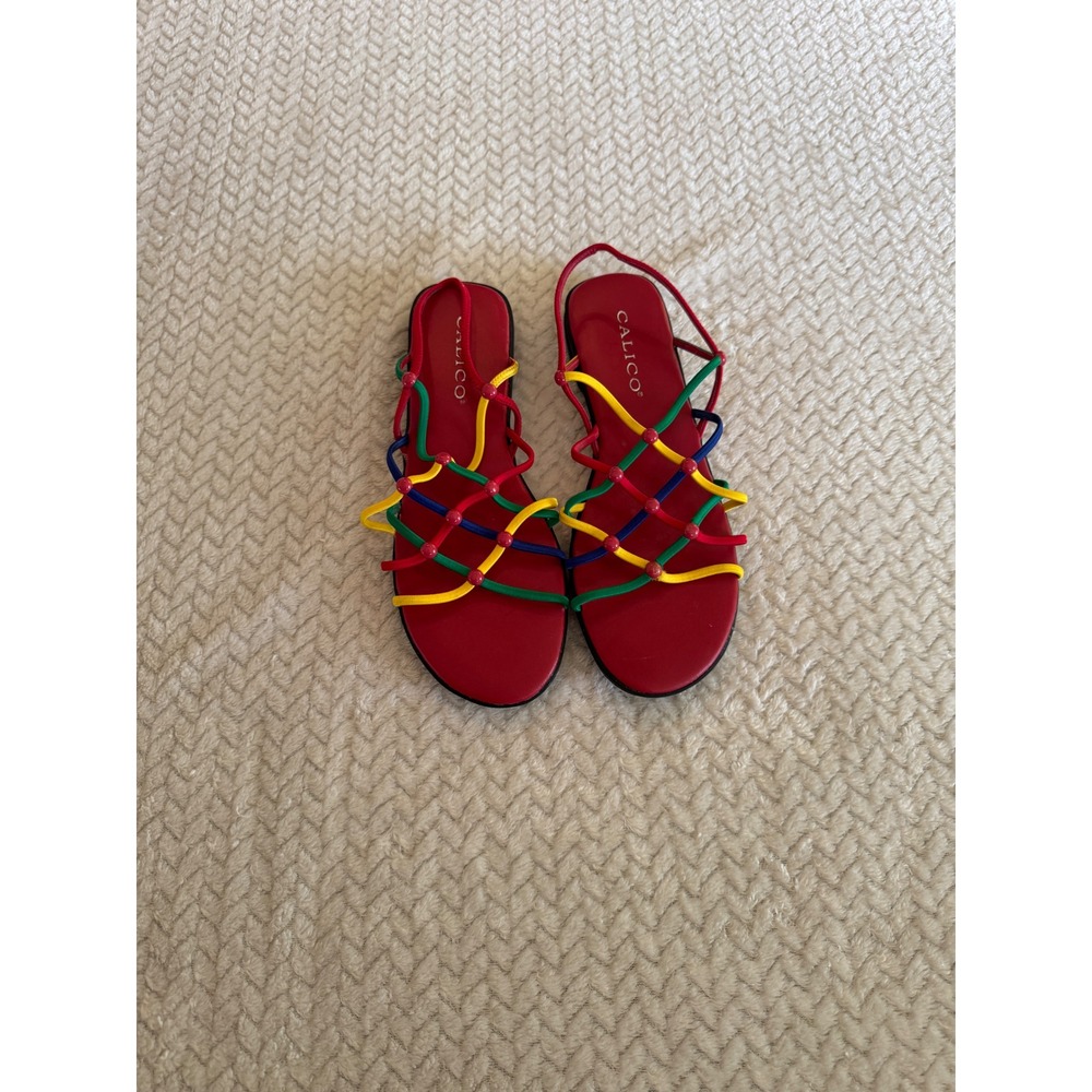 Calico Vintage Strappy Sandals Red Yellow Green Blue  Slingback Size 9